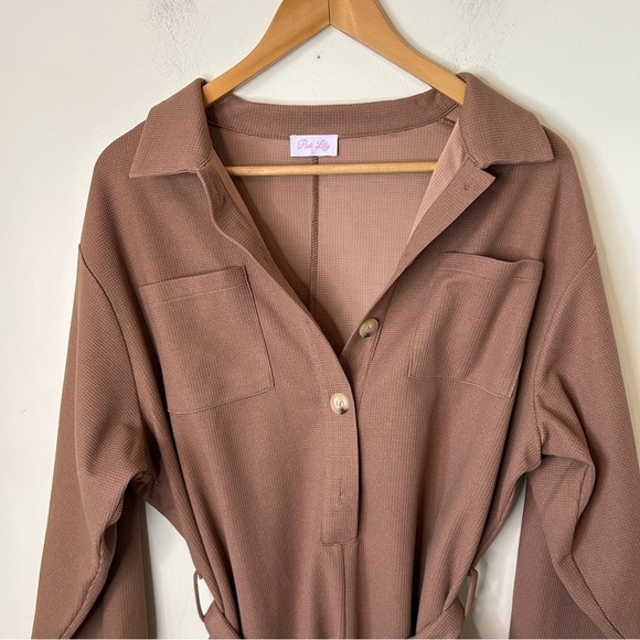 Pink Lily Doing My Own Thing Brown Collared Romper Size XL - Picture 6 of 8